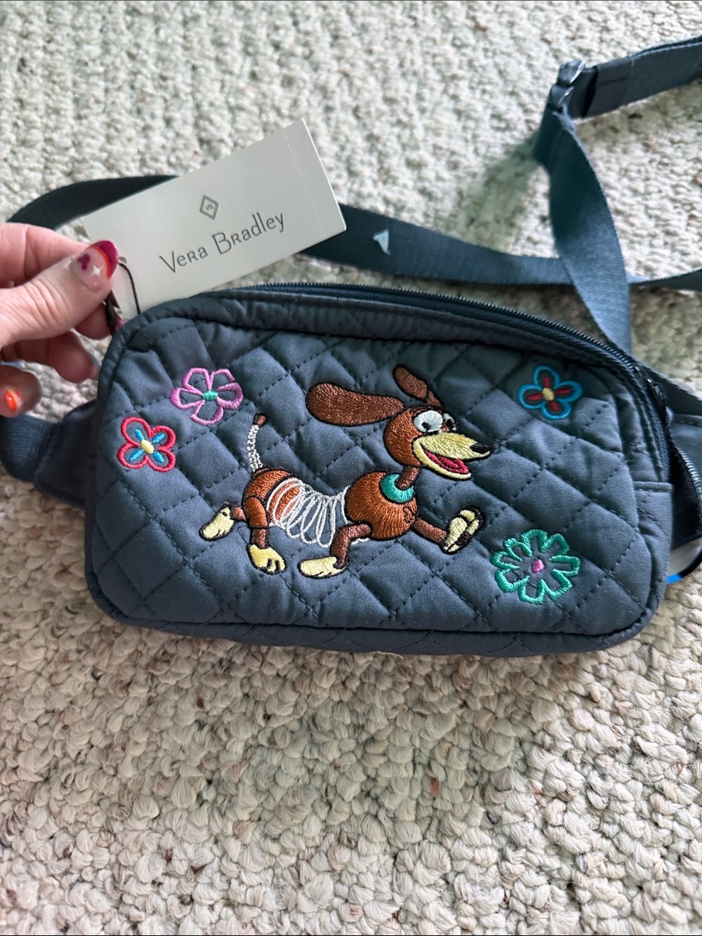 Vera Bradley Quilted Slate Crossbody with Embroidered Slinky Dog and Flowers